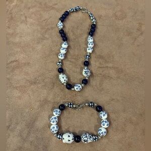 Navy and White Beaded Necklace Set